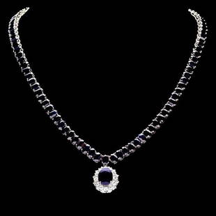 14k Gold 63ct Sapphire 1.40ct Diamond Necklace: Retail: $23,850.00 ****** 14k Gold 63ct Sapphire 1.40ct Diamond Necklace ****** Metal: 14k Solid White Gold / Size: 17 / Total Item Weight: 38.5 grams / Country Made: United States / / Main Stone: Sap