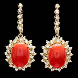 14k Gold 10.50ct Coral 2ct Diamond Earrings: Retail: $17,350.00 ****** 14k Gold 10.50ct Coral 2ct Diamond Earrings ****** Metal: 14k Solid Yellow Gold / Total Item Weight: 11.5 grams / Country Made: United States / / Main Stone: Coral / Color: O