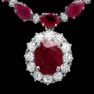 14k White Gold 32ct Ruby 2.50ct Diamond Necklace: Retail: $30,700.00 ****** 14k White Gold 32ct Ruby 2.50ct Diamond Necklace ****** Metal: 14k Solid White Gold / Size: 17 / Total Item Weight: 23.0 grams / Country Made: United States / / Main Stone: