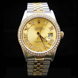 Rolex Two-Tone DateJust 36mm Champagne Roman Numerals Diamond Bezel Aprox. 2.0 cts. Diamond Dial: ****** Rolex Two-Tone DateJust 36mm Champagne Custom Roman Numerals Diamond Bezel Aprox. 2.0 cts. Diamond Dial Men's Wristwatch ****** One Mens, Rolex Two-Tone DateJust 36mm Champagne Custom Roman Num