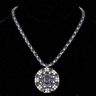 14k Gold 67ct Sapphire 5.70ct Diamond Necklace: Retail: $53,700.00 ****** 14k Gold 67ct Sapphire 5.70ct Diamond Necklace ****** Metal: 14k Solid White Gold / Size: 17 / Total Item Weight: 46.5 grams / / Main Stone: Sapphire / Color: Blue / Carat