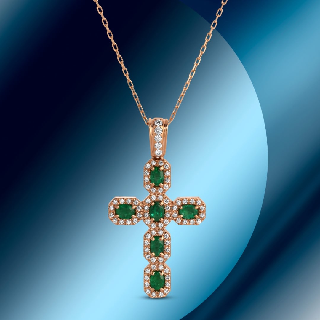 14K Gold 1.22cts Emerald & 0.55cts Diamond Pendant: Retail: $7,350*****14K Gold Emerald & Diamond Pendant*****Metal: 14K Rose Gold/ Total Wt.:6.8g / Country Made US// Main Stone: Emerald / Carat Total Wt.: 1.22cts / Treatment: None/ Color: Green / Cut:
