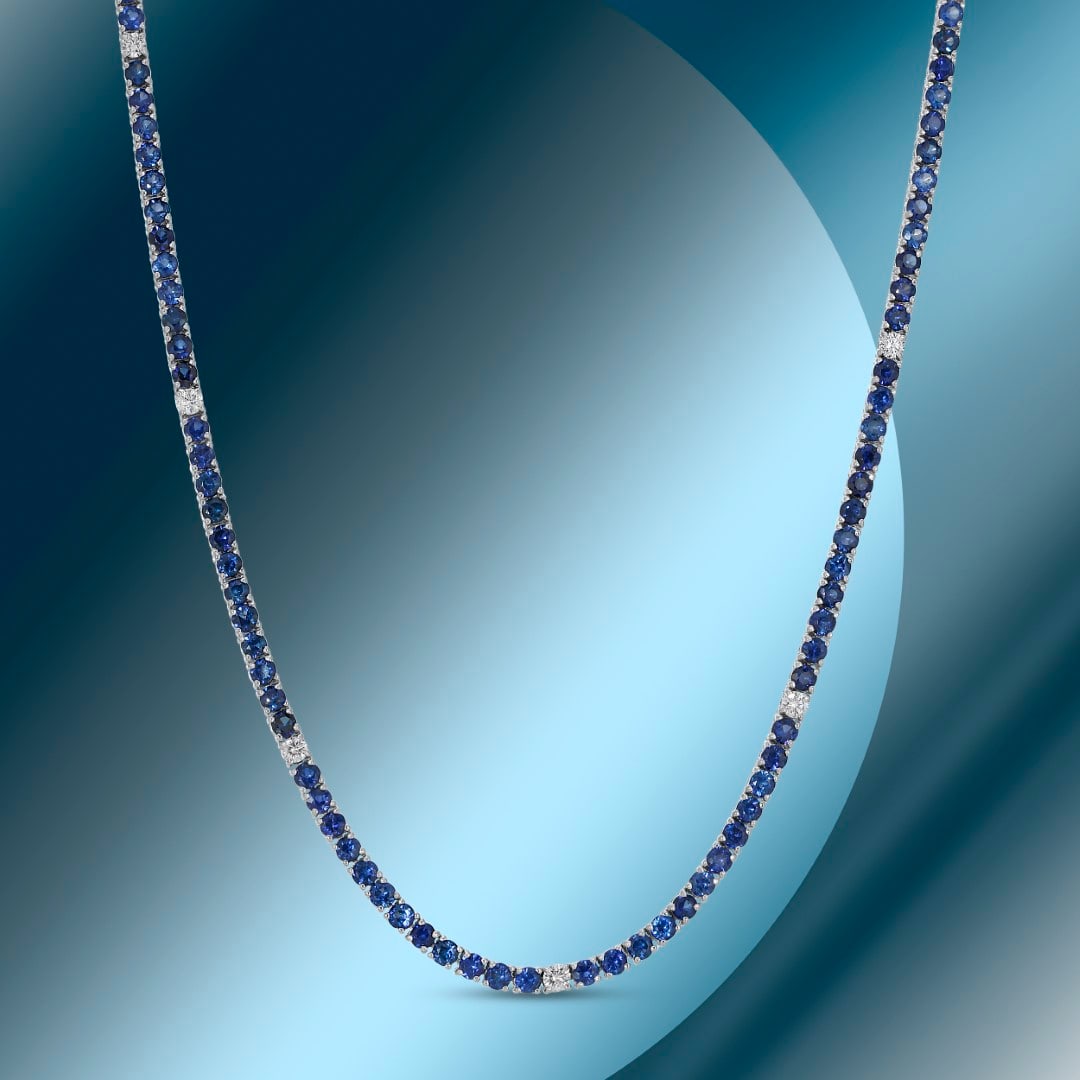 14K Gold 12.50cts Sapphire & 0.71cts Diamond Necklace: Retail: $22,374***** 14K Gold 12.50cts Sapphire & 0.71cts Diamond Necklace****** Metal: 14K White Gold/ Total Wt.: NA / Country Made USA// Main Stone: Sapphire / Carat Total Wt: 12.50cts / Treatment: 