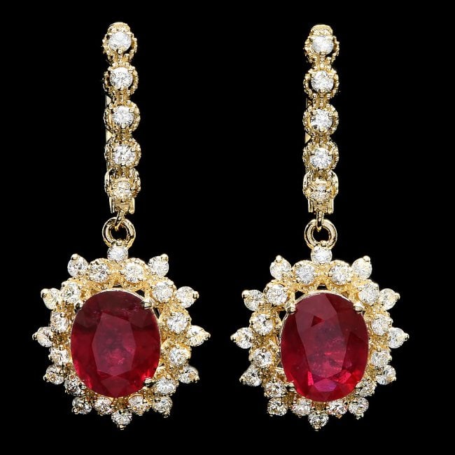 14k Gold 7.00ct Ruby 1.70ct Diamond Earrings: Retail: $11,800.00 ****** 14k Gold 7.00ct Ruby 1.70ct Diamond Earrings ****** Metal: 14k Solid Yellow Gold / Total Item Weight: 8.0 grams / Country Made: United States / / Main Stone: Ruby / Color: Re