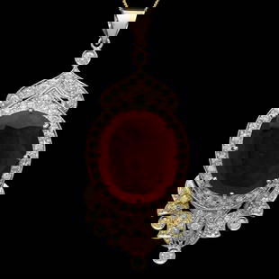 14K Gold 26.79ct Ruby 1.68ct Diamond Pendant: Retail: $16,330.00 ****** 14K Gold 26.79ct Ruby 1.68ct Diamond Pendant ****** Metal: 14K Solid Gold / Total Item Weight: 21.1 grams / Country Made: United States / / Main Stone: Ruby / Color: Red /