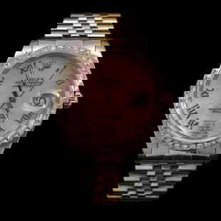 Rolex DateJust Two-Tone 36mm Custom Diamond Bezel Men's Wristwatch: ****** Rolex DateJust Two-Tone 36mm Custom Diamond Bezel Men's Wristwatch ****** One Mens, Rolex DateJust 36mm Pink Custom Diamond Dial With Pave Diamond Settings On Hour Markers 9 & 6 Custom Diamond