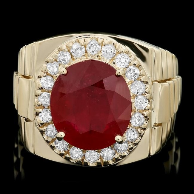 14k Gold 8.00ct Ruby 0.70ct Diamond Mens Ring: Retail: $9,800.00 ****** 14k Gold 8.00ct Ruby 0.70ct Diamond Mens Ring ****** Metal: 14k Solid Yellow Gold / Size: 11 / Total Item Weight: 13.5 grams / Country Made: United States / / Main Stone: Ruby