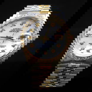 Rolex Two-Tone DateJust 36mm 1.65 cts.  Diamond Bezel Diamond Dial Men's Wristwatch: ****** Rolex Two-Tone DateJust 36mm Custom White MOP Dial Diamond Bezel Aprox. 1.65 cts. Diamond Dial Men's Wristwatch ****** One Mens, Rolex Two-Tone DateJust 36mm Custom White MOP Dial Diamond Bezel