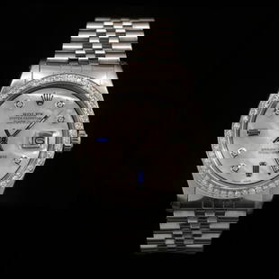 Rolex DateJust SS 36mm Custom Diamond Bezel Men's Wristwatch: ****** Rolex DateJust SS 36mm Custom Diamond Bezel Men's Wristwatch ****** One Mens, Rolex DateJust 36mm White Mop With Sapphires Custom Diamond Bezel Mens Wristwatch Stainless Steel electronically te