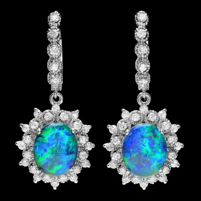 14k Gold 5.00ct Opal 1.65ct Diamond Earrings: Retail: $11,350.00 ****** 14k Gold 5.00ct Opal 1.65ct Diamond Earrings ****** Metal: 14k Solid White Gold / Total Item Weight: 8.5 grams / Country Made: United States / / Main Stone: Opal / Color: Mul