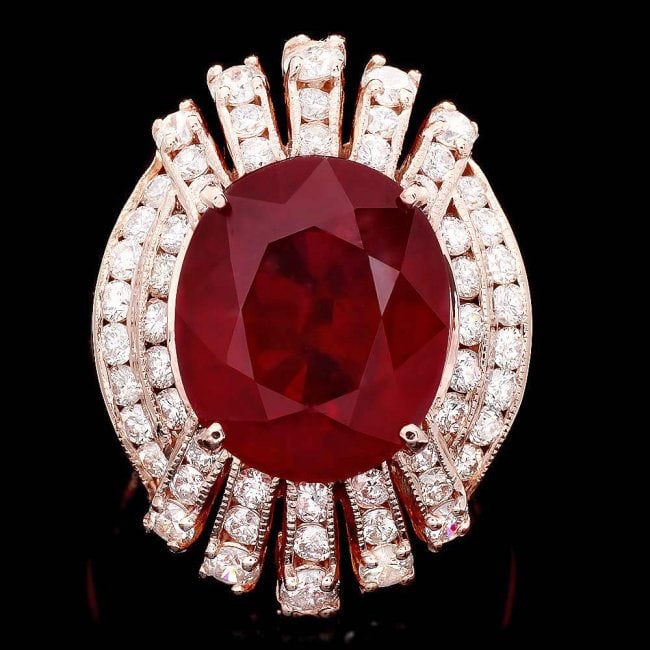 14k Rose Gold 11.80ct Ruby 1.80ct Diamond Ring: Retail: $12,800.00 ****** 14k Rose Gold 11.80ct Ruby 1.80ct Diamond Ring ****** Metal: 14k Solid Rose Gold / Size: 7 / Total Item Weight: 9.0 grams / Country Made: United States / / Main Stone: Ruby /