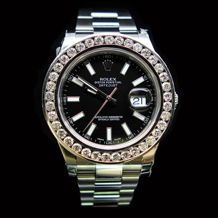 Rolex DateJust 41mm Black Index Diamond Bezel Aprox. 6.0 cts. Mens Wristwatch: ****** Rolex DateJust 41mm Black Index Diamond Bezel Aprox. 6.0 cts. Mens Wristwatch ****** One Mens, Rolex DateJust 41mm Black Index Diamond Bezel Aprox. 6.0 cts. Mens Wristwatch Stainless Steel elec