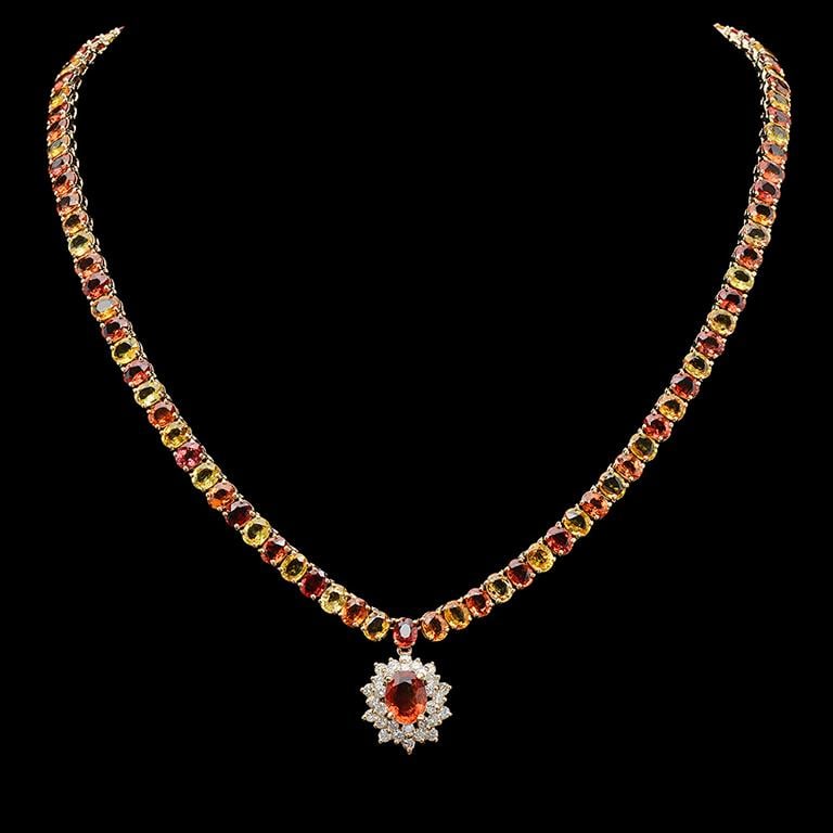 14K Gold 45.49ct Multi-Color Sapphire & 1.30ct Diamond Necklace: Retail: $58,630.00******Multi-Color Sapphire & Diamond Necklace****** Metal: 14K Solid Gold / Total Item Weight: 72.0 grams/ Country Made: United States / / Main Stone: Sapphire/ Color: Multi - Color