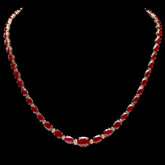 14k Gold 31.70ct Ruby 1.50ct Diamond Necklace: Retail: $21,500.00 ****** 14k Gold 31.70ct Ruby 1.50ct Diamond Necklace ****** Metal: 14k Solid Yellow Gold / Size: 17 / Total Item Weight: 23.2 grams / Country Made: United States / / Main Stone: Rub