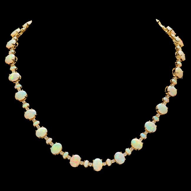 14k Yellow Gold 32ct Opal 2.25ct Diamond Necklace: Retail: $47,750.00 ****** 14k Yellow Gold 32ct Opal 2.25ct Diamond Necklace ****** Metal: 14k Solid Yellow Gold / Size: 17 / Total Item Weight: 36.5 grams / Country Made: United States / / Main Stone: