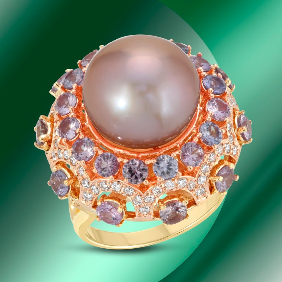 14K Gold 14mm South Sea Pearl, 6.15cts Sapphire & 1.23cts Diamond Ring (1 of 4)