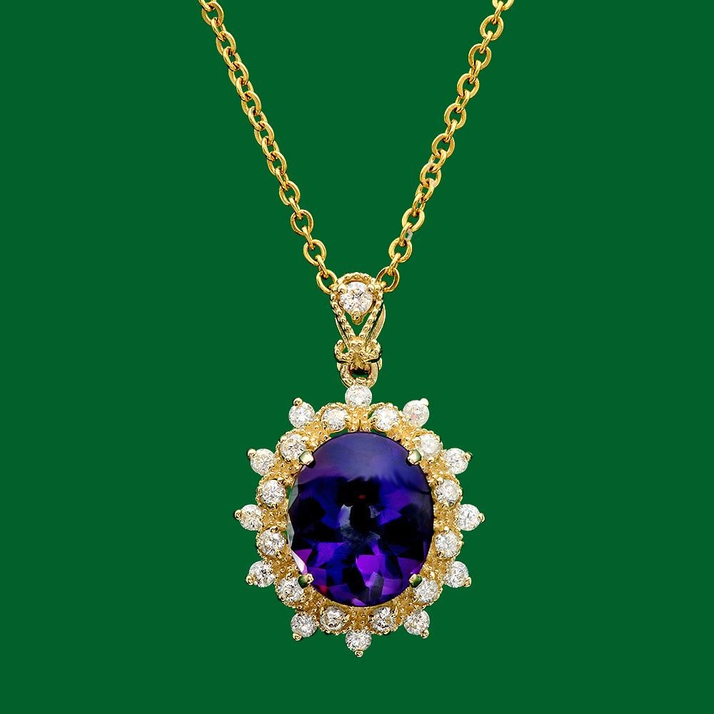 14k Gold 5.130ct Amethyst 0.72ct Diamond Pendant: Retail: $4,450.00****** 14k Gold 5.130ct Amethyst 0.72ct Diamond Pendant ****** Metal: 14k Solid Yellow Gold / Total Item Weight: 4.1 grams / Country Made: United States / / Main Stone: Amethyst / Col