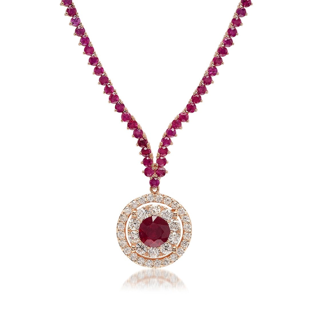 14K Rose Gold, 10.95cts Ruby & 1.27cts Diamond Necklace: Retail: $11,234.00****** 14K Rose Gold, 10.95cts. Ruby & 1.27cts.Diamond Necklace******* Metal: 14K Rose Gold/ Total Wt.: 16.0g/ Country Made USA/ Main Stone: Ruby/ Adjacent Stone: Diamond/ Main Carat