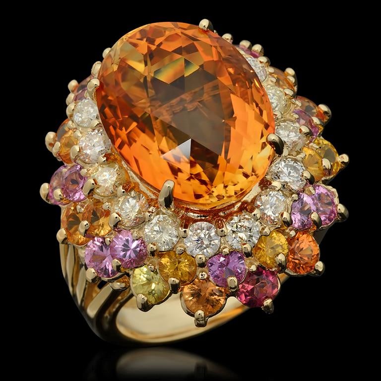 14K Gold 12.85ct Citrine, 4.32ct Fancy Color Sapphire & 1.45ct Diamond Ring: Retail: $12,910.00****** Citrine, Fancy Color Sapphire & Diamond Ring ****** Metal: 14K Solid Yellow Gold / Total Item Weight: 13.3 grams / Country Made: United States / / Main Stone: Citrine / Color: