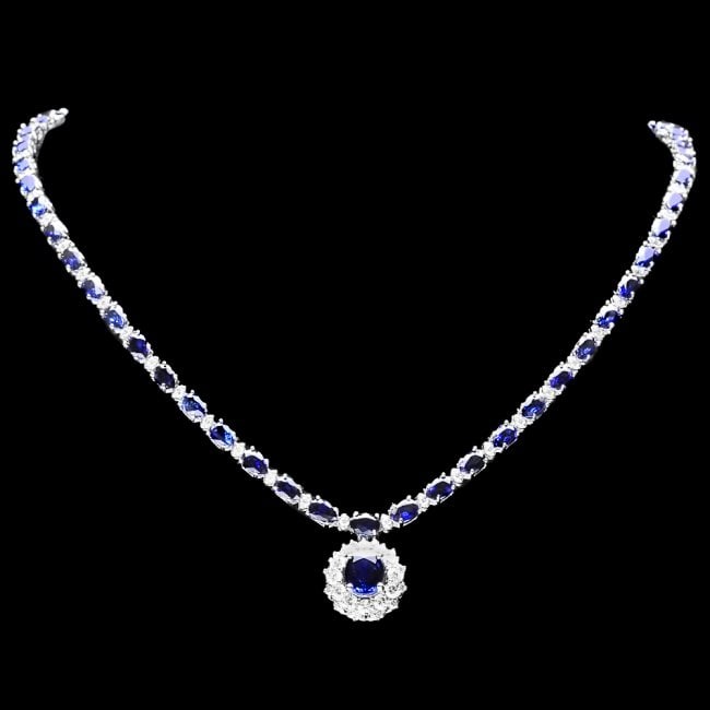 14k Gold 28ct Sapphire 3.35ct Diamond Necklace: Retail: $31,200.00 ****** 14k Gold 28ct Sapphire 3.35ct Diamond Necklace ****** Metal: 14k Solid White Gold / Size: 17 / Total Item Weight: 23.0 grams / Country Made: United States / / Main Stone: Sap