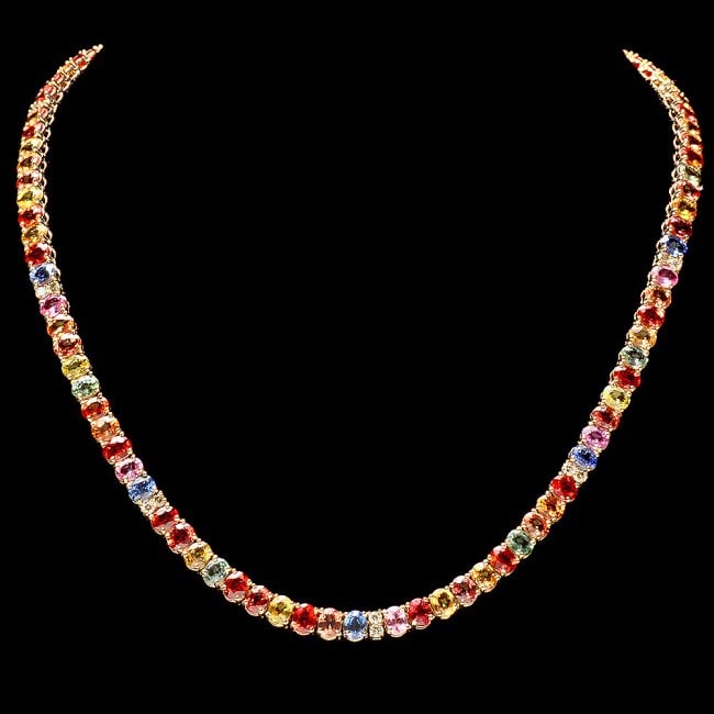 14k Gold 44ct Sapphire 1.0ct Diamond Necklace: Retail: $28,500.00 ****** 14k Gold 44ct Sapphire 1.0ct Diamond Necklace ****** Metal: 14k Solid Yellow Gold / Size: 17 / Total Item Weight: 28.5 grams / Country Made: United States / / Main Stone: Sap
