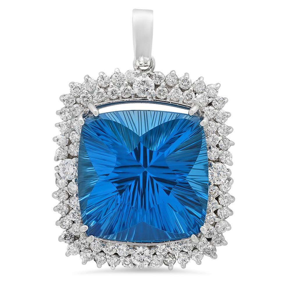14K Gold 41.40ct Topaz 3.05ct Diamond Pendant: Retail: $15,270.00 ****** 14K Gold 41.40ct Topaz 3.05ct Diamond Pendant ****** Metal: 14K Solid Gold / Total Item Weight: 21.2 grams / Country Made: United States / / Main Stone: Blue Topaz / Color: B