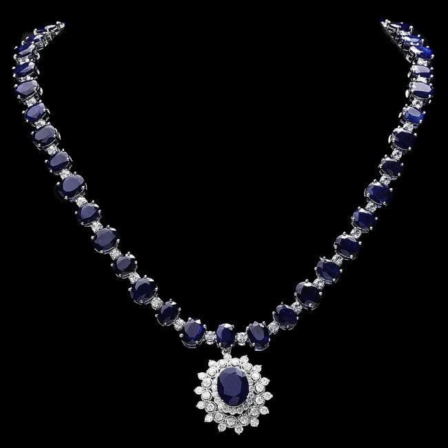 14k Gold 86ct Sapphire 2.50ct Diamond Necklace: Retail: $36,870.00 ****** 14k Gold 86ct Sapphire 2.50ct Diamond Necklace ****** Metal: 14k Solid White Gold / Size: 17.5 / Total Item Weight: 55 grams / Country Made: United States / / Main Stone: Sap
