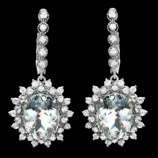 14k 8.50ct Aquamarine 2.00ct Diamond Earrings: Retail: $11,000.00 ****** 14k 8.50ct Aquamarine 2.00ct Diamond Earrings ****** Metal: 14k Solid White Gold / Total Item Weight: 9.5 grams / Country Made: United States / / Main Stone: Aquamarine / Col