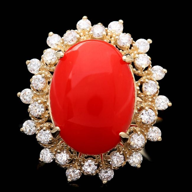 14k Yellow Gold 5.50ct Coral 0.90ct Diamond Ring: Retail: $9,975.00 ****** 14k Yellow Gold 5.50ct Coral 0.90ct Diamond Ring ****** Metal: 14k Solid Yellow Gold / Size: 7 / Total Item Weight: 6.0 grams / Country Made: United States / / Main Stone: Cor