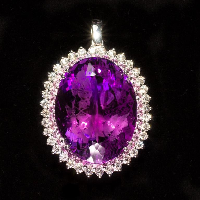 14K Gold 55.10ct Amethyst, 1.44ct Pink Sapphire 2.45ct Diamond Pendant: Retail: $29,548.00 ****** Amethyst, Pink Sapphire & Diamond Pendant ****** Metal: 14K Solid White Gold / Total Item Weight: 26.5 grams / Country Made: United States / / Main Stone: Amethyst / Color: P