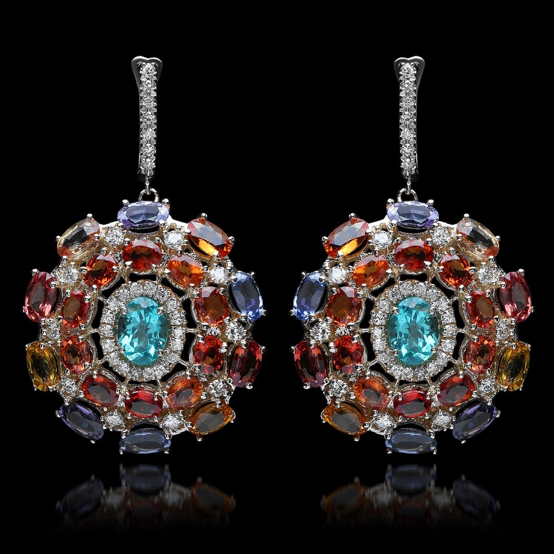 14K White Gold with 3.15cts. Apatite, 26.82cts. Sapphire & 4.87cts.Diamond Earrings: Retail: $25,136.00****** 14K White Gold with 3.15cts. Apatite, 26.82cts. Sapphire & 4.87cts.Diamond Earrings******* Metal: 14K White Gold/ Total Wt.: 13g/ Country Made USA/ Main Stone: Apatite/ Adjace
