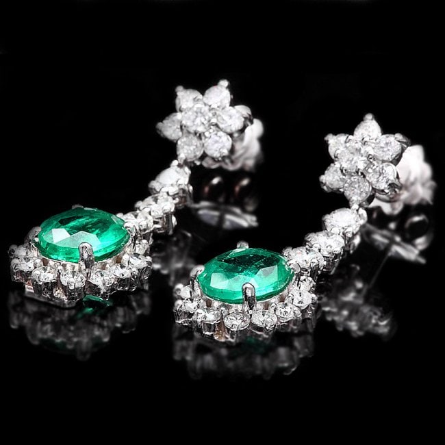 14k W Gold 3.50ct Emerald 2.50ct Diamond Earrings (1 of 5)