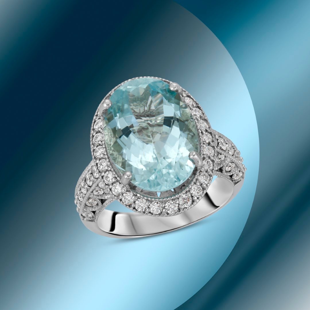 14K Gold 7.80cts Aquamarine & 1.68cts Diamond Ring (1 of 4)