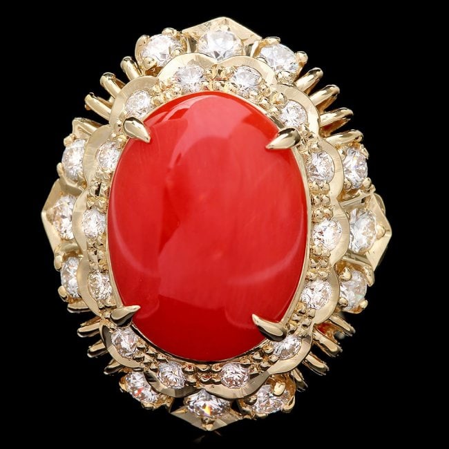 14k Yellow Gold 4.50ct Coral 1.30ct Diamond Ring: Retail: $13,540.00 ****** 14k Yellow Gold 4.50ct Coral 1.30ct Diamond Ring ****** Metal: 14k Solid Yellow Gold / Size: 7 / Total Item Weight: 10.5 grams / Country Made: United States / / Main Stone: C