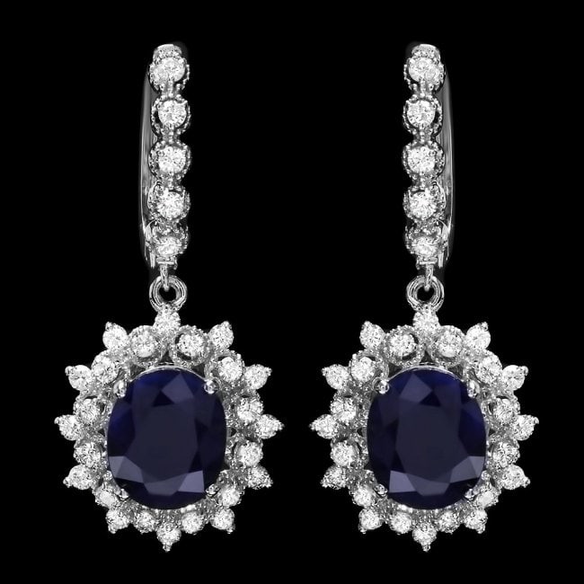 14k Gold 8.00ct Sapphire 1.80ct Diamond Earrings: Retail: $9,800.00 ****** 14k Gold 8.00ct Sapphire 1.80ct Diamond Earrings ****** Metal: 14k Solid White Gold / Total Item Weight: 9.0 grams / Country Made: United States / / Main Stone: Sapphire / Col