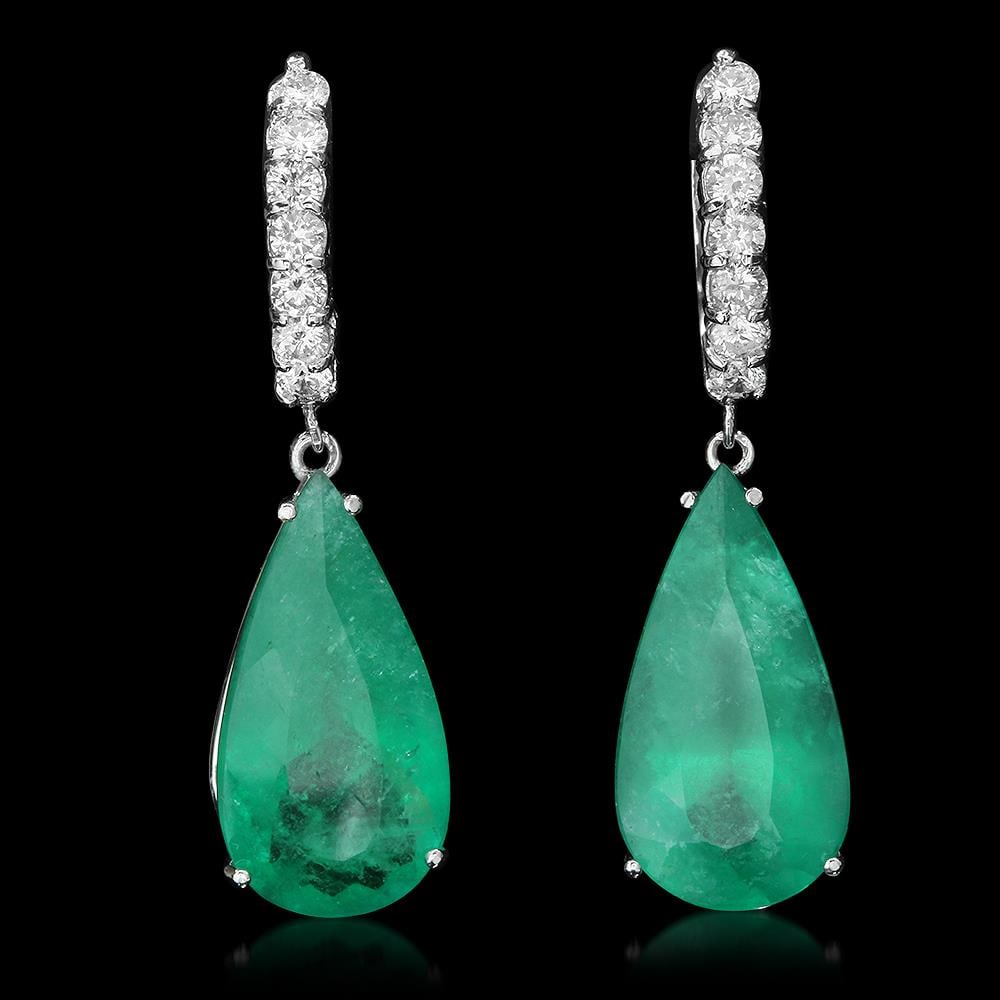 14K Gold 19.70ct Emerald 1.30ct Diamond Earrings: Retail: $61,120.00 ****** 14K Gold 19.70ct Emerald 1.30ct Diamond Earrings ****** Metal: 14K Solid Gold / Total Item Weight: 11.1 grams / Country Made: United States / / Main Stone: Emerald / Color: G