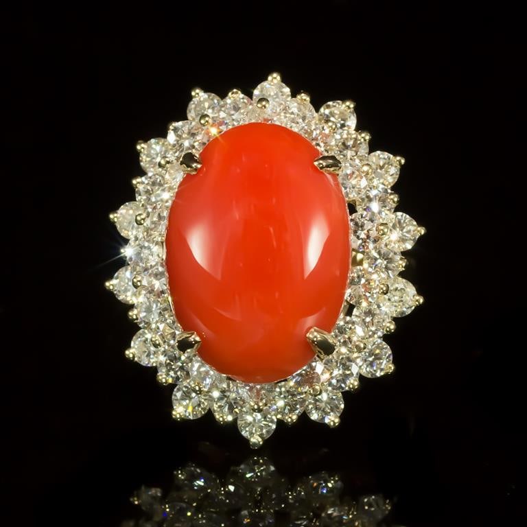 14K Gold 8.69ct Coral 2.98ct Diamond Ring: Retail: $14,675.00 ****** 14K Gold Coral & Diamond Ring ****** Metal: 14K Solid Gold / Total Item Weight: 10.2 grams / Country Made: United States / / Main Stone: Coral / Color: Orangy Red / Carat Tot