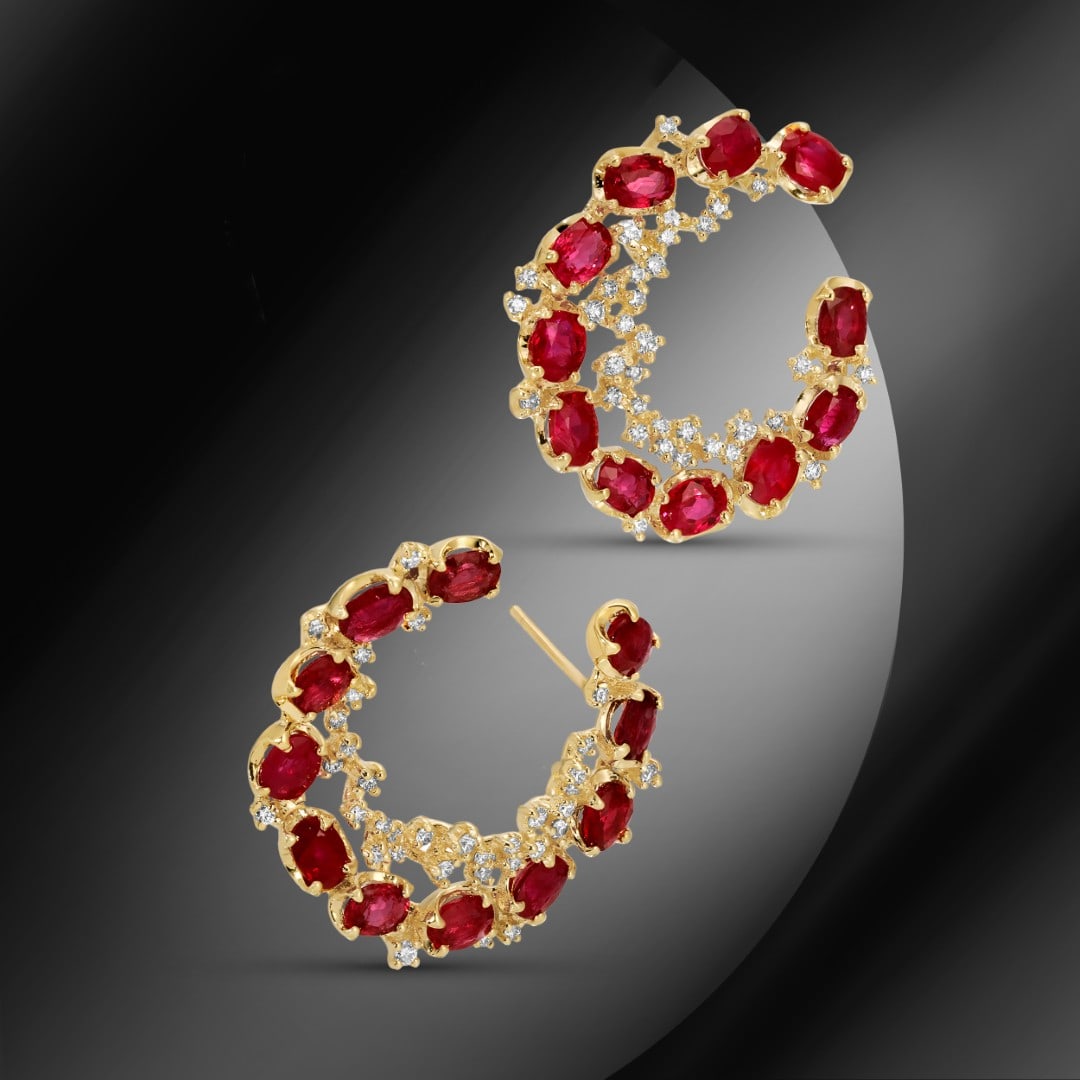 14K Gold 6.90cts Ruby & 0.59cts Diamond Earrings - 3