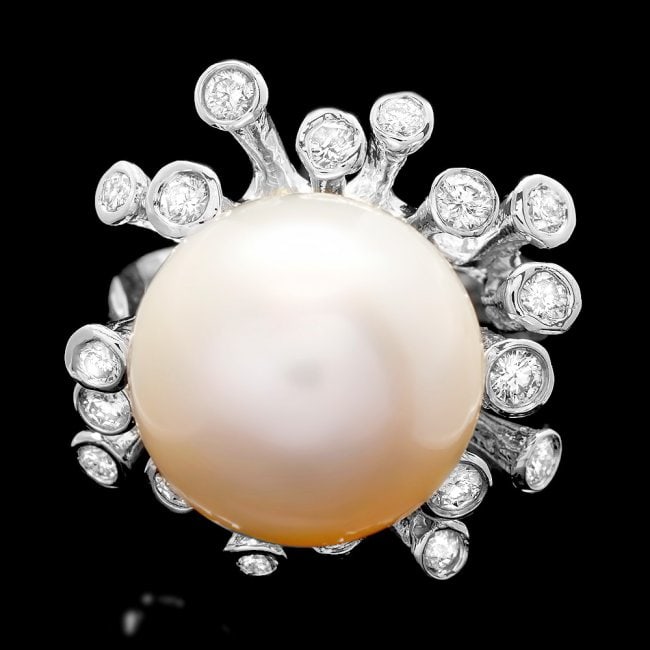 14k White Gold 15mm Pearl 0.85ct Diamond Ring (1 of 5)
