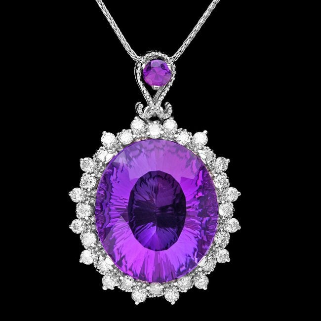 14k Gold 11.1ct Amethyst 0.85ct Diamond Pendant: Retail: $8,950.00 ****** 14k Gold 11.1ct Amethyst 0.85ct Diamond Pendant ****** Metal: 14k Solid White Gold / Size: 16 / Total Item Weight: 6.5 grams / Country Made: USA / / Main Stone: Amethyst / Col