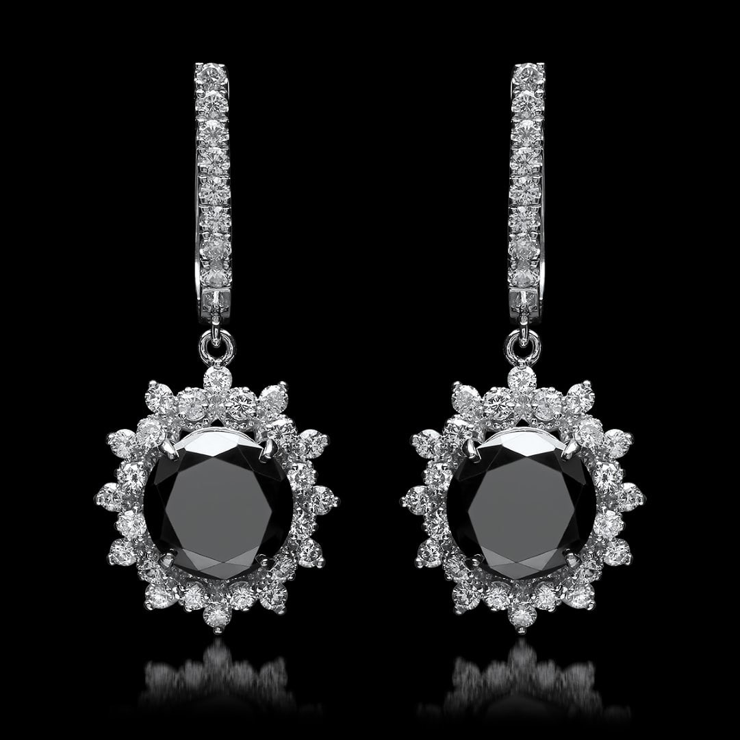 14K White Gold, 9.65cts Diamond Earrings: Retail: $23,897.00****** 14K White Gold, 8.00cts. Black Diamond & 9.65cts.Diamond Earrings******* Metal: 14K White Gold/ Total Wt.: 7g/ Country Made USA/ Main Stone: Black Diamond/ Adjacent Stone: