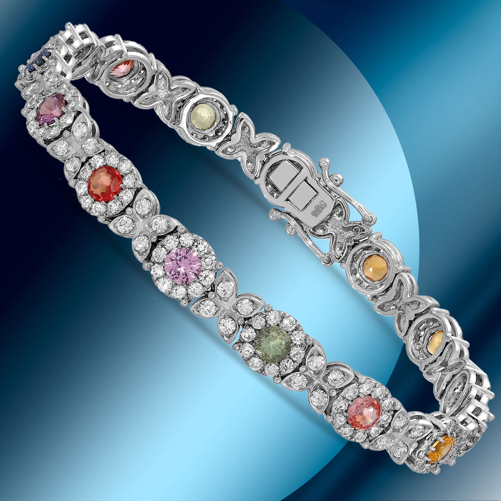 14K Gold 3.44cts Multi-Color Sapphire & 4.21cts Diamond Bracelet: Retail: $21,633***** 14K Gold 3.44cts Multi-Color Sapphire & 4.21cts Diamond Bracelet****** Metal: 14K White Gold/ Total Wt.: 13.6g/ Country Made USA// Main Stone: Sapphire/ Carat Total Wt: 3.44cts /