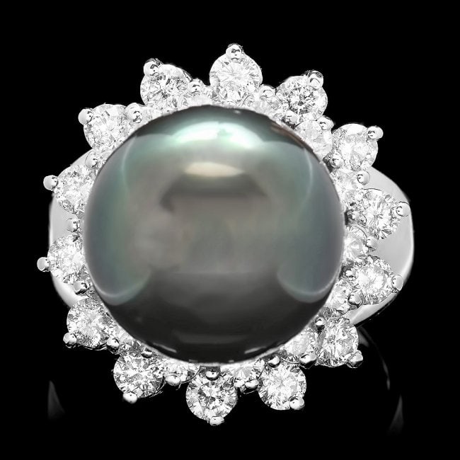 14k White Gold 13mm Pearl 1.55ct Diamond Ring (1 of 5)