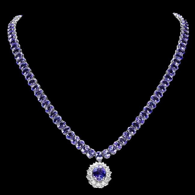 14k 45.25ct Tanzanite 1.35ct Diamond Necklace: Retail: $38,600.00 ****** 14k 45.25ct Tanzanite 1.35ct Diamond Necklace ****** Metal: 14k Solid White Gold / Size: 16.5 / Total Item Weight: 30.5 grams / Country Made: United States / / Main Stone: Ta