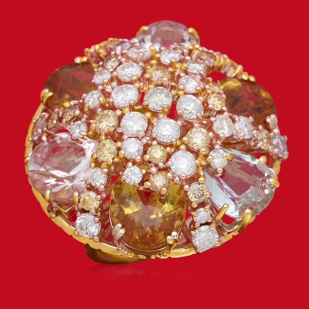 14K Gold 16.55ct Aquamarine, Morganite, Yellow Beryl 3.65ct Diamond Ring: Retail: $23,027.00 ****** 14K Gold 16.55ct Aquamarine, Morganite, Yellow Beryl 3.65ct Diamond Ring ****** Metal: 14K Solid Yellow Gold / Total Item Weight: 19.8 grams / Country Made: United States / /