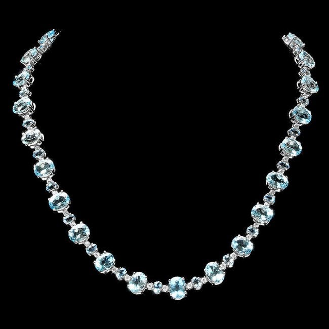 14k Gold 49ct Aquamarine 2.40ct Diamond Necklace: Retail: $29,600.00 ****** 14k Gold 49ct Aquamarine 2.40ct Diamond Necklace ****** Metal: 14k Solid White Gold / Size: 17 / Total Item Weight: 40.0 grams / Country Made: United States / / Main Stone: A