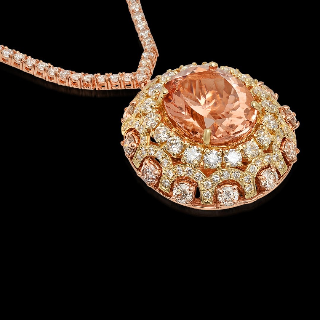 14K Yellow/Rose Gold, 17.10 Morganite, 12.00cts Diamond Necklace: Retail: $98,635.00****** 14K Yellow/Rose Gold, 17.10 Morganite, 12.00cts Diamond Necklace******* Metal: 14K Yellow/Rose Gold/ Country Made USA// Main Stone: Morganite/ Adjacent Stone: Diamond/ Main Ca