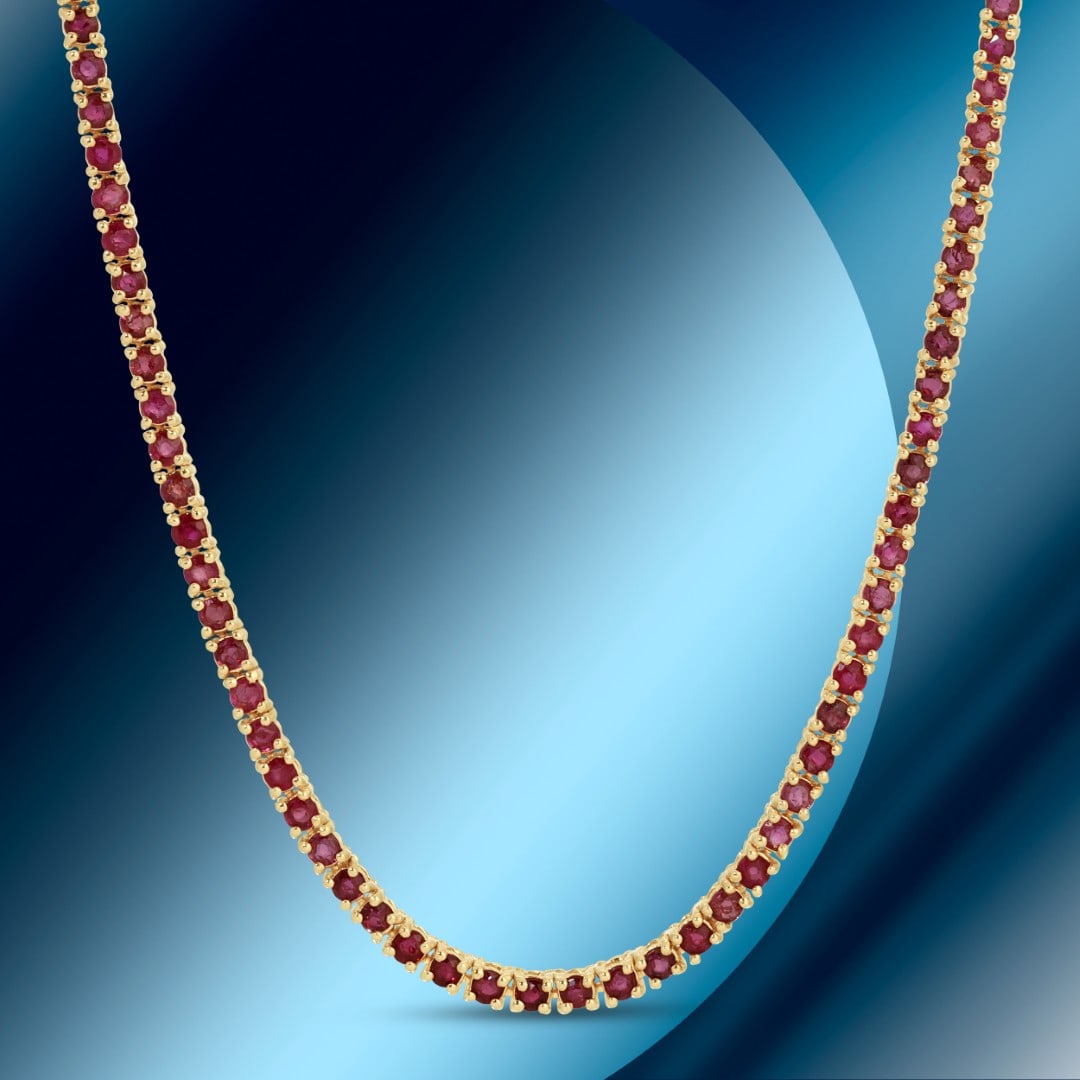 14K Gold 6.03cts Ruby Necklace: Retail: $14,228*****14K Gold Ruby Necklace*****Metal: 14K Yellow Gold/ Total Wt.: 13.1g / Country Made US// Main Stone: Sapphire / Carat Total Wt.: 6.03cts / Treatment: none / Color: Red / Cut: Good -