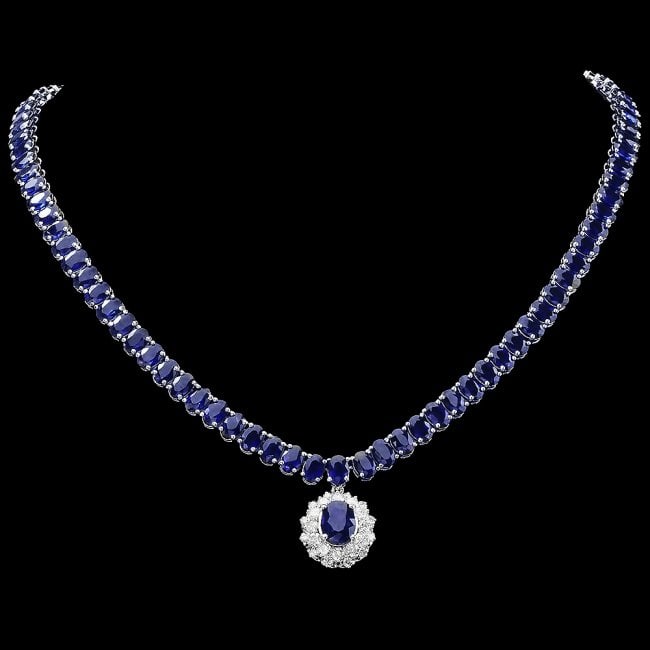 14k Gold 52.5ct Sapphire 1.50ct Diamond Necklace: Retail: $38,900.00 ****** 14k Gold 52.5ct Sapphire 1.50ct Diamond Necklace ****** Metal: 14k Solid White Gold / Size: 16.5 / Total Item Weight: 34.2 grams / Country Made: United States / / Main Stone: