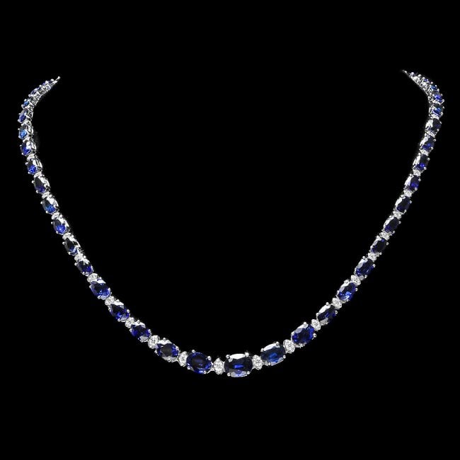 14k Gold 37.00ct Sapphire 1.60ct Diamond Necklace: Retail: $24,200.00 ****** 14k Gold 37.00ct Sapphire 1.60ct Diamond Necklace ****** Metal: 14k Solid White Gold / Size: 17 / Total Item Weight: 21.00 grams / Country Made: United States / / Main Stone: